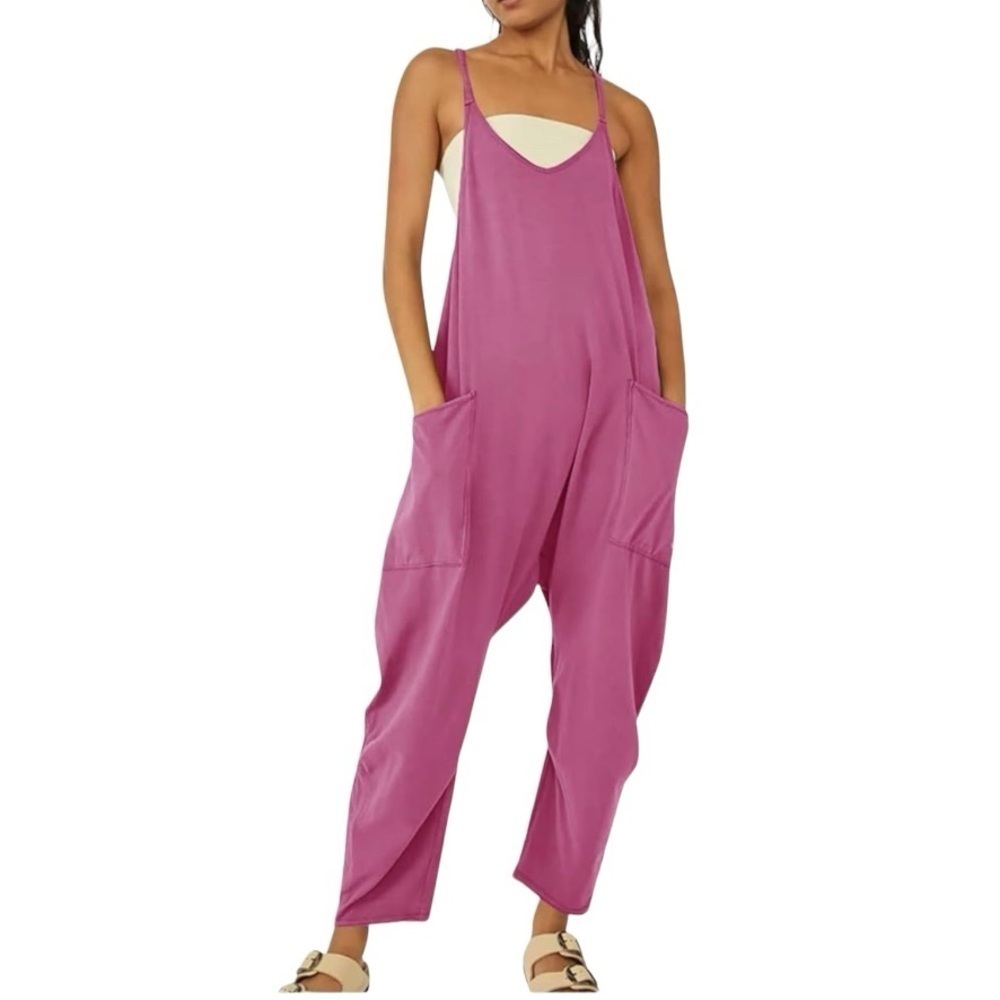 Relaxed Spaghetti-Strap Romper Jumpsuit in Magenta